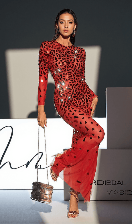 Guthrie Long Sleeve Acrylic Mesh Maxi Dress