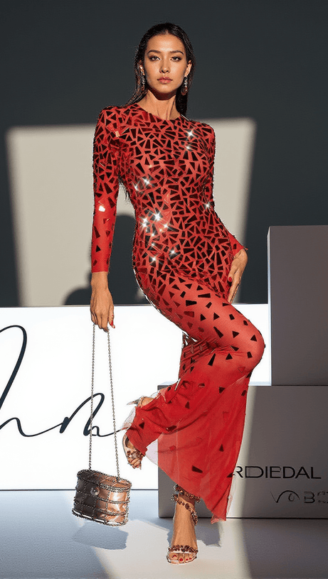 GUTHRIE LONG SLEEVE ACRYLIC MESH MAXI DRESS