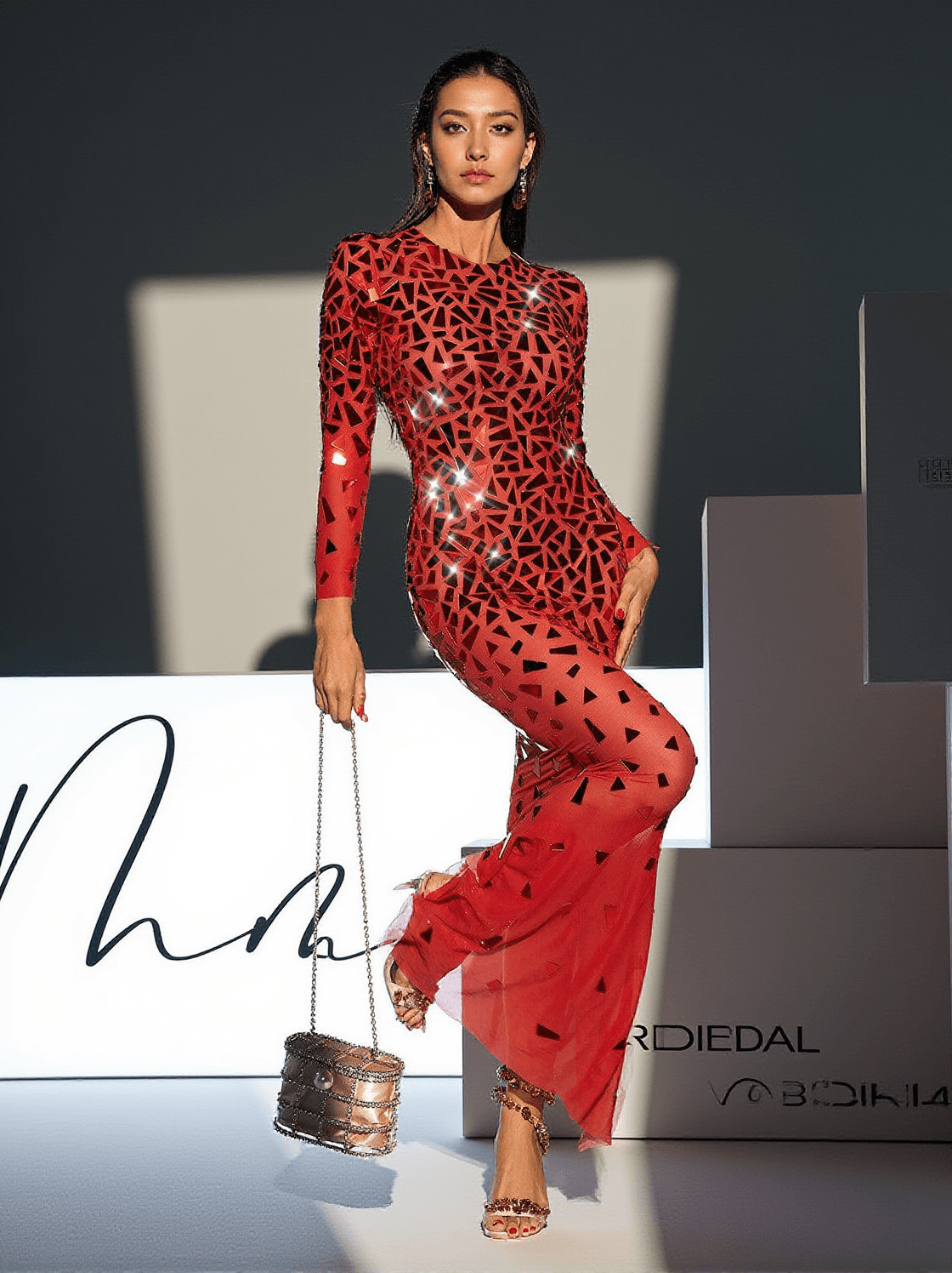 GUTHRIE LONG SLEEVE ACRYLIC MESH MAXI DRESS