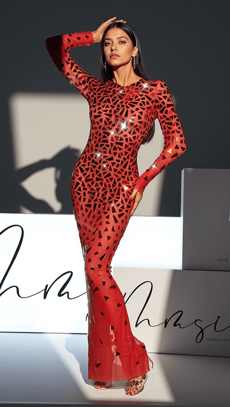 GUTHRIE LONG SLEEVE ACRYLIC MESH MAXI DRESS