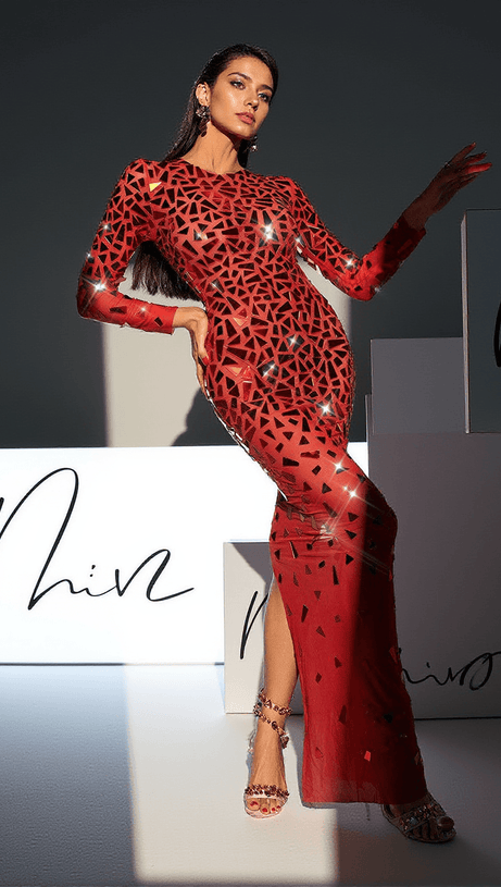 GUTHRIE LONG SLEEVE ACRYLIC MESH MAXI DRESS