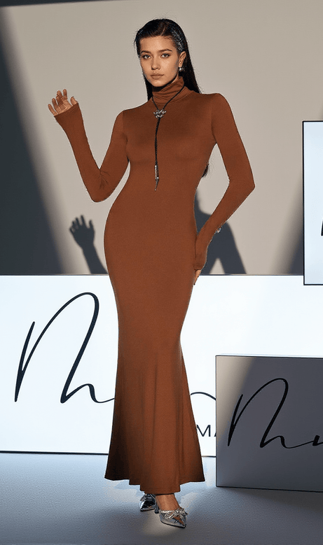 Hal Long Sleeve Mermaid Maxi Dress In Brown