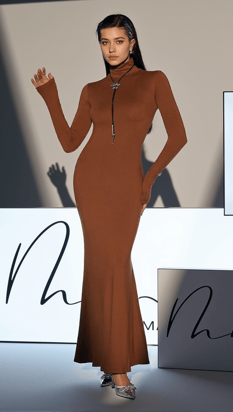HAL LONG SLEEVE MERMAID MAXI DRESS IN BROWN