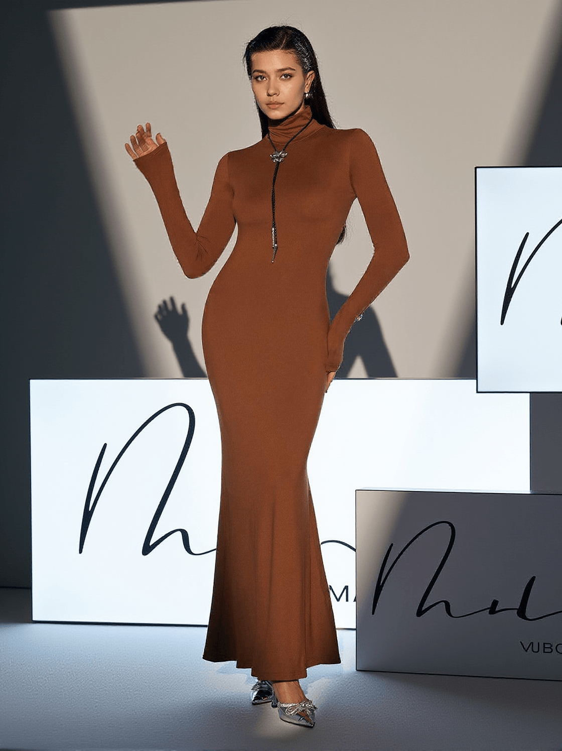 HAL LONG SLEEVE MERMAID MAXI DRESS IN BROWN