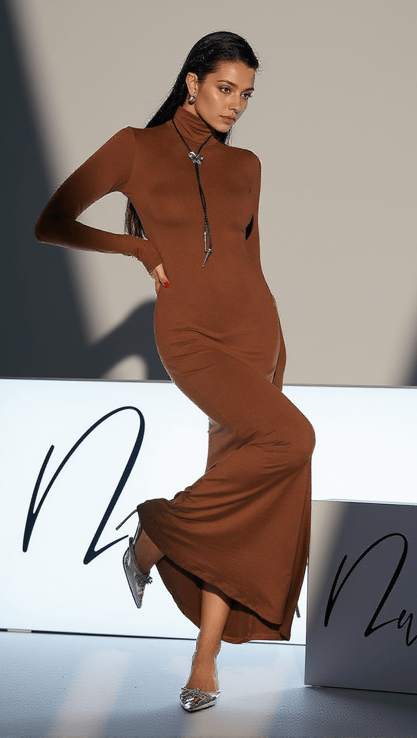 AIIZIE HAL LONG SLEEVE MERMAID MAXI DRESS IN BROWN - product image