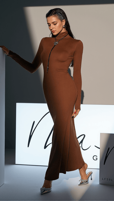 HAL LONG SLEEVE MERMAID MAXI DRESS IN BROWN