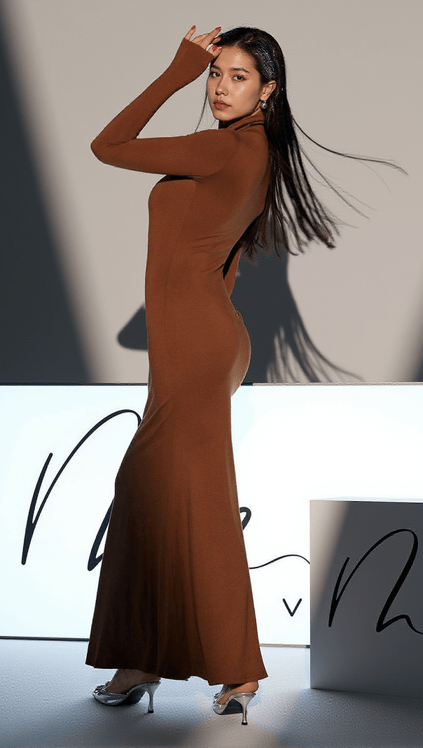 AIIZIE HAL LONG SLEEVE MERMAID MAXI DRESS IN BROWN - product image