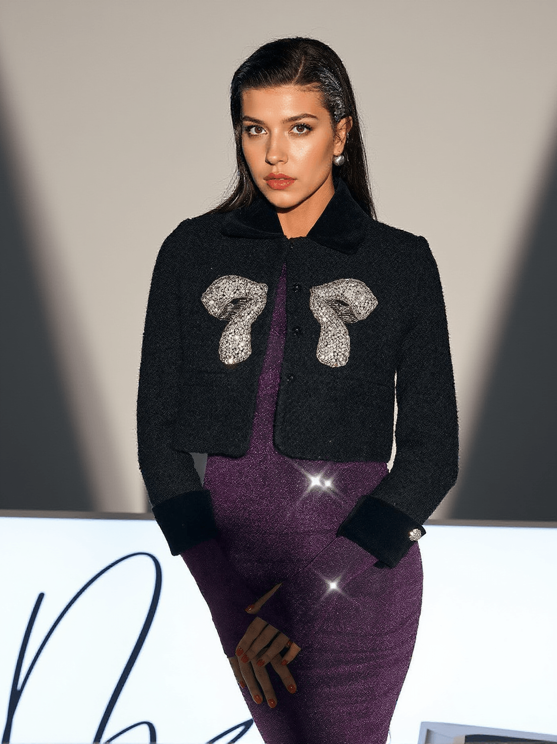 HIDDE CRYSTAL BOW TWEED JACKET