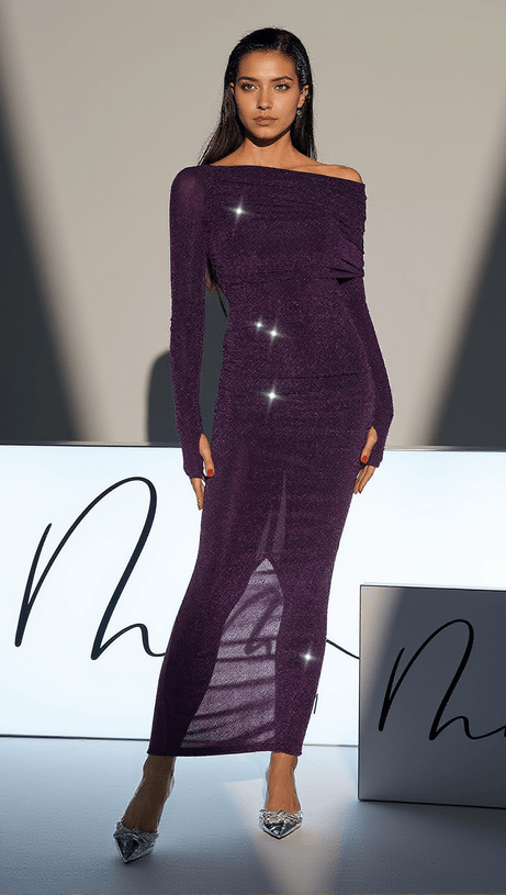 NOVAK OFF SHOULDER GLITTER KNITTED DRESS