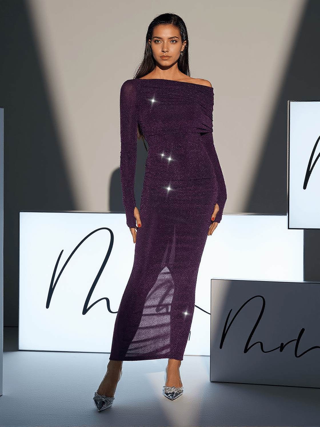NOVAK OFF SHOULDER GLITTER KNITTED DRESS