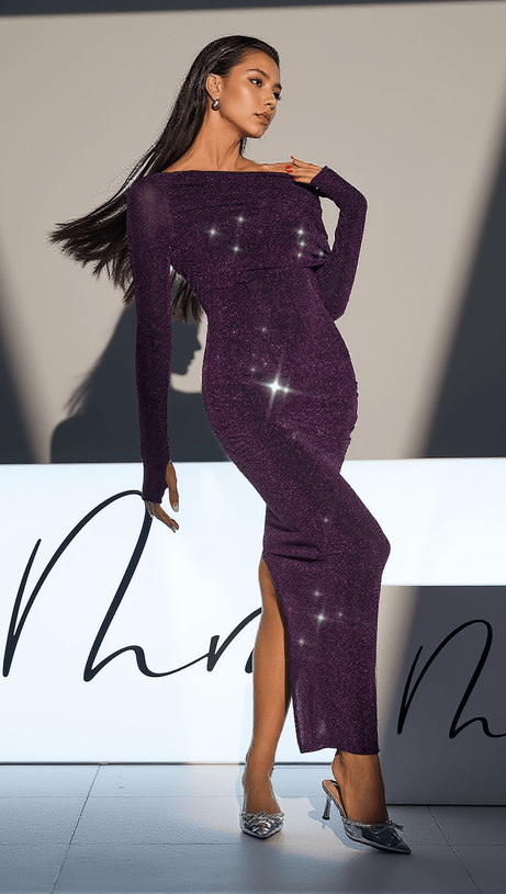 NOVAK OFF SHOULDER GLITTER KNITTED DRESS