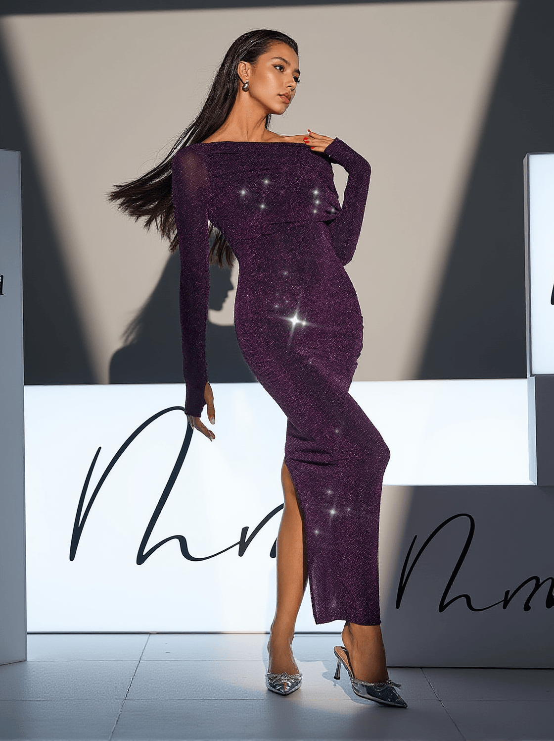 NOVAK OFF SHOULDER GLITTER KNITTED DRESS