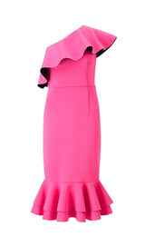 CROSS-SHOULDER RUFFLED FISHTAIL DRESS IN ROSE