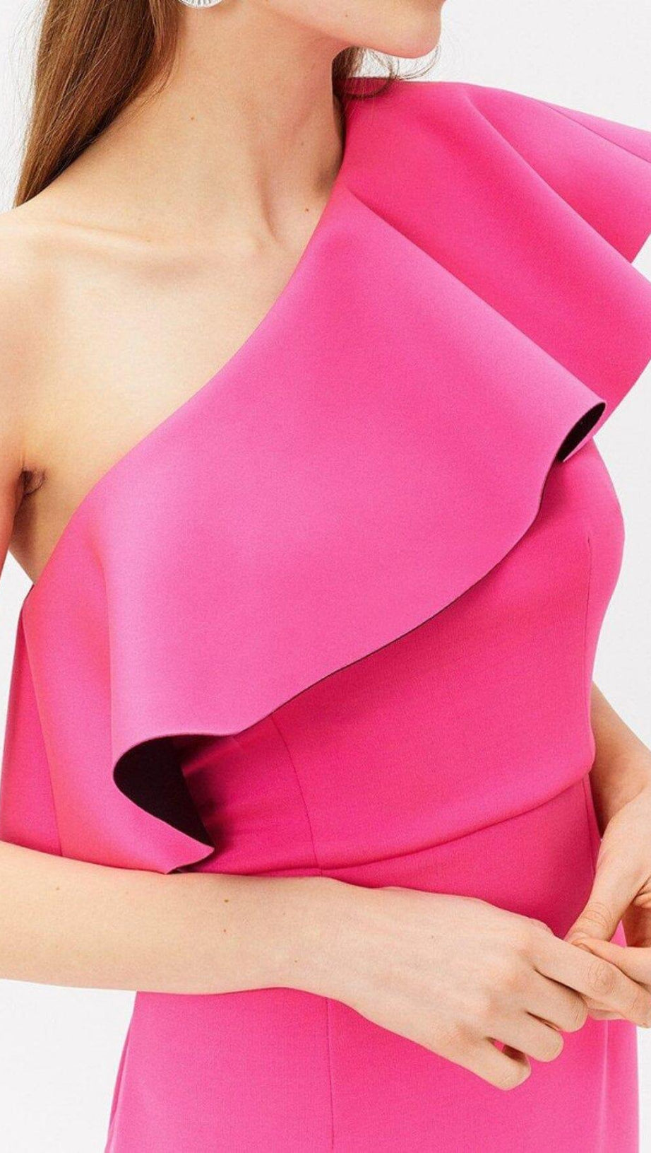 CROSS-SHOULDER RUFFLED FISHTAIL DRESS IN ROSE