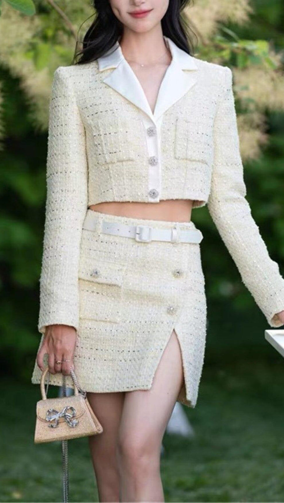 YELLOW COLOR LIGHT THIN TWEED SHORT COAT & SKIRT