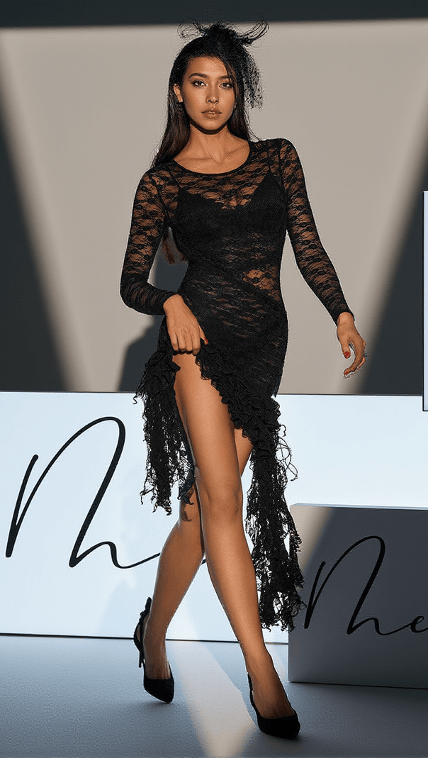 AIIZIE PHINEAS LONG SLEEVE PATCHWORK RUFFLE LACE DRESS - product image