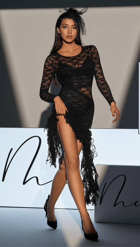 PHINEAS LONG SLEEVE PATCHWORK RUFFLE LACE DRESS