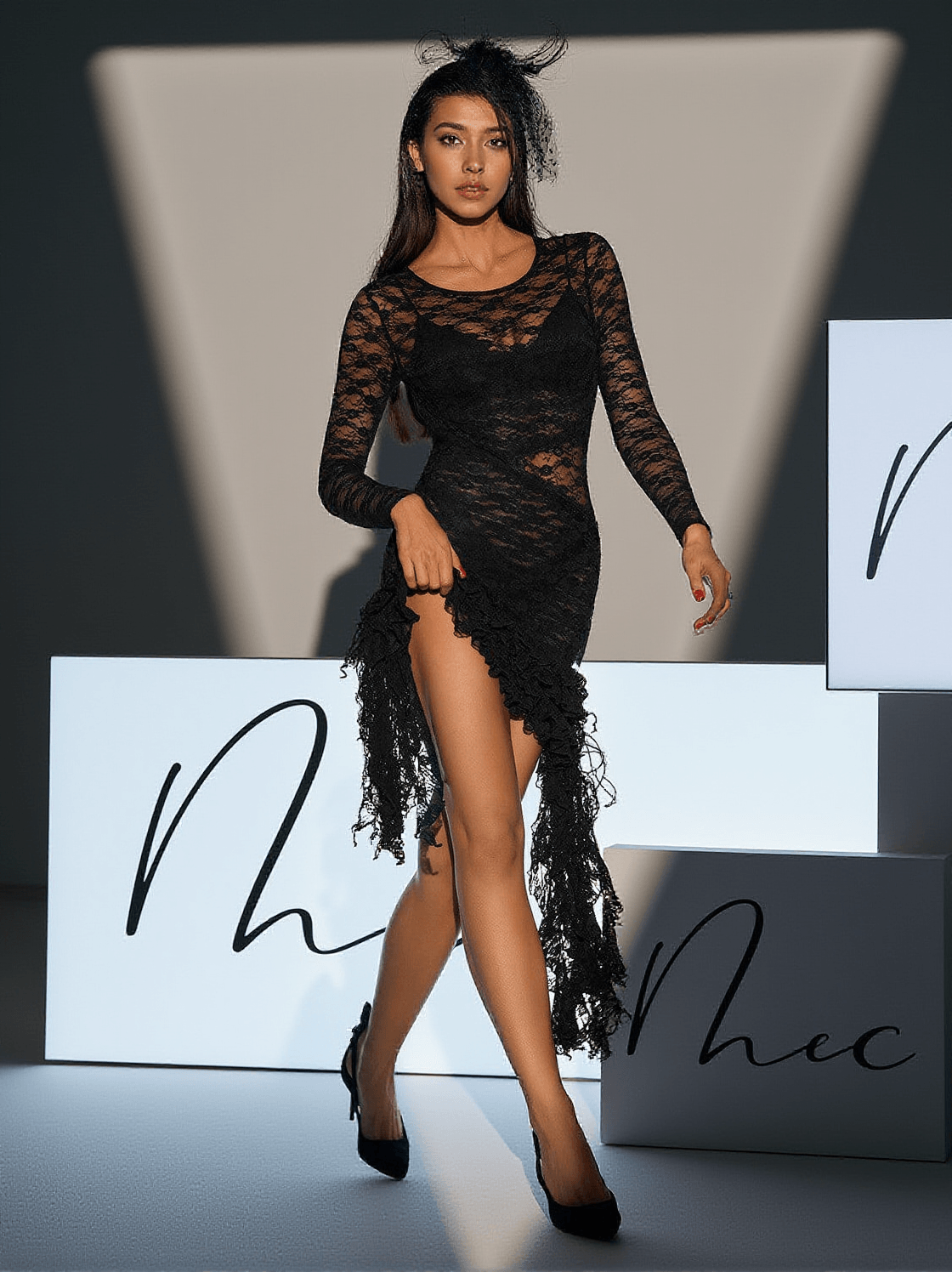 PHINEAS LONG SLEEVE PATCHWORK RUFFLE LACE DRESS