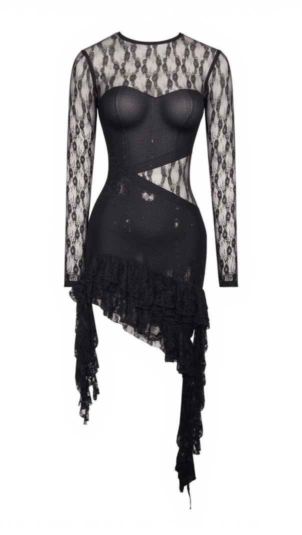 AIIZIE PHINEAS LONG SLEEVE PATCHWORK RUFFLE LACE DRESS - product image