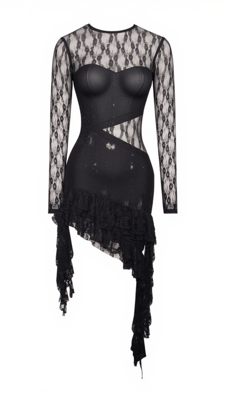 PHINEAS LONG SLEEVE PATCHWORK RUFFLE LACE DRESS