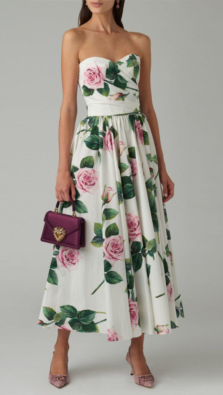 ROSE PRINT BANDEAU DRESS IN WHITE