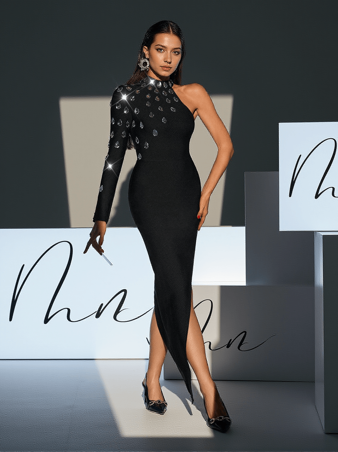 ALFIE ONE SHOULDER RHINESTONE CUTOUT BANDAGE DRESS