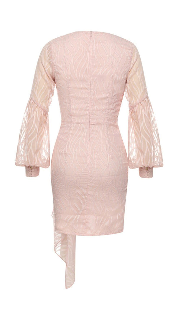 AIIZIE PINK SEXY V-NECK LONG-SLEEVED RUFFLE DRESS - product image