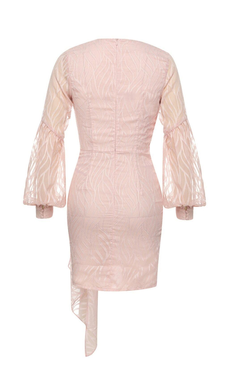 PINK SEXY V-NECK LONG-SLEEVED RUFFLE DRESS