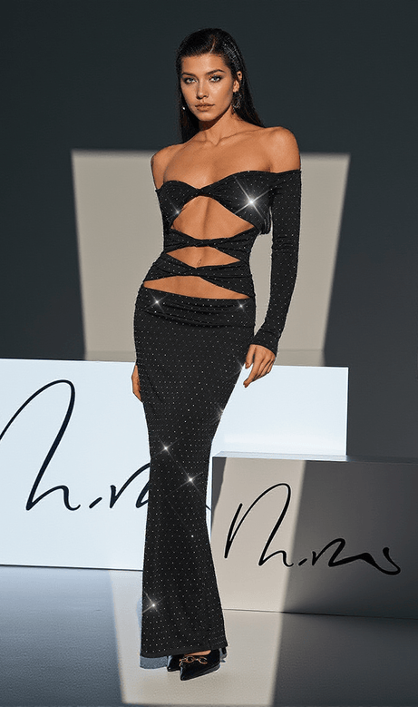 Hedwig Off Shoulder Rhinestone Cutout Maxi Dress