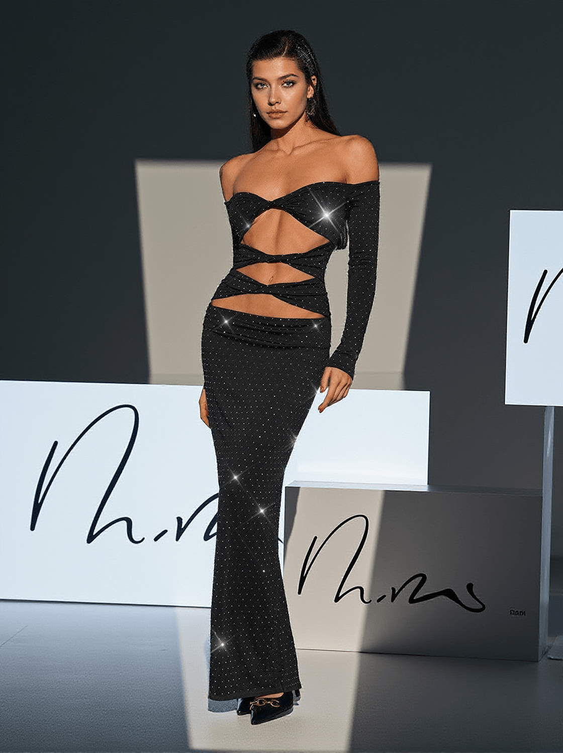 HEDWIG OFF SHOULDER RHINESTONE CUTOUT MAXI DRESS