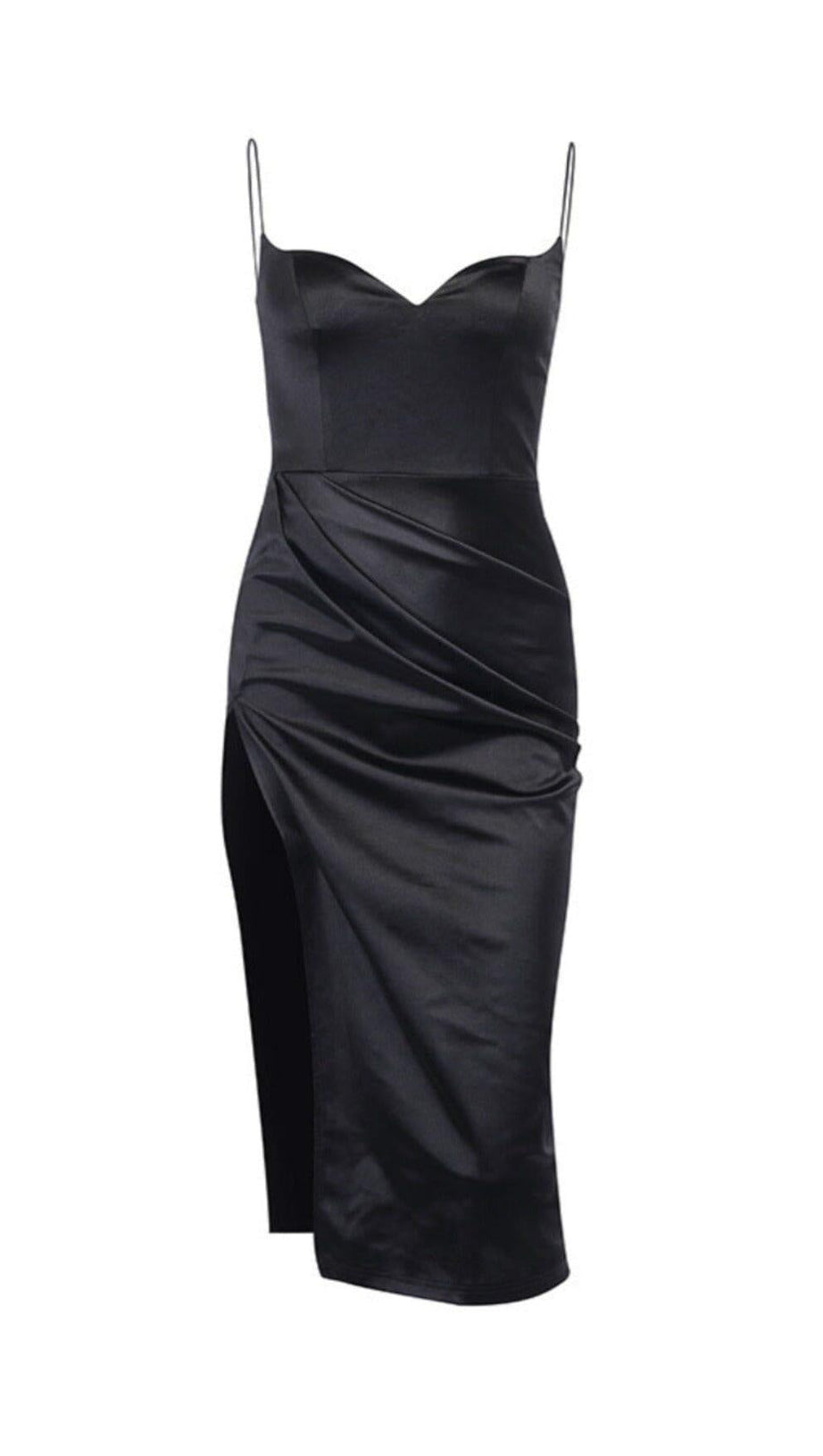 HIGH SLIT SUSPENDER DRESS IN BLACK