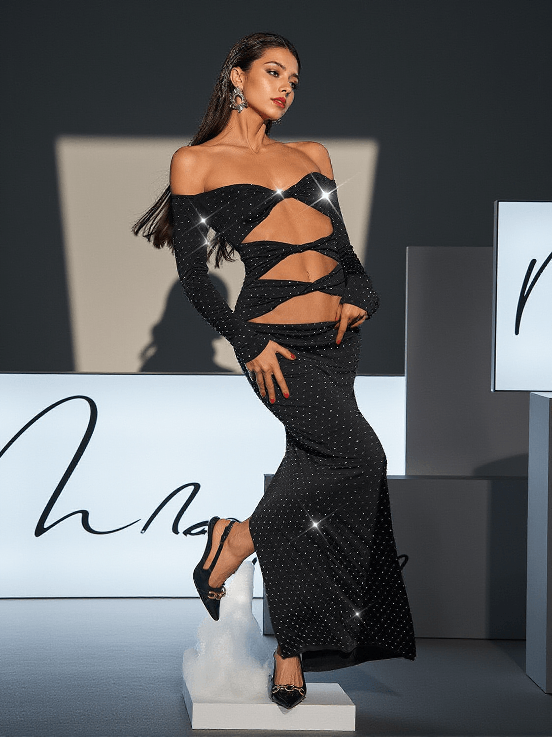 HEDWIG OFF SHOULDER RHINESTONE CUTOUT MAXI DRESS