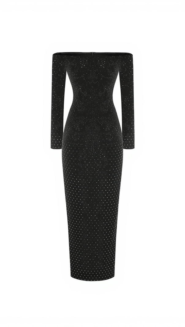AIIZIE HEDWIG OFF SHOULDER RHINESTONE CUTOUT MAXI DRESS - product image