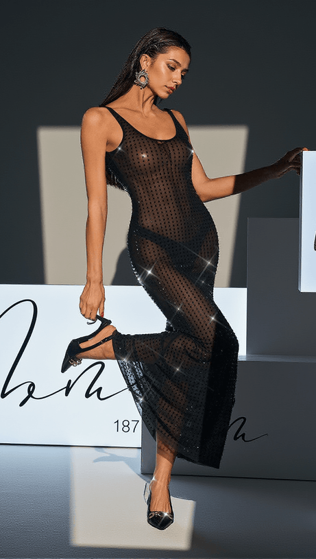 KARTER BACKLESS EMBELLISHED MESH MAXI DRESS IN BLACK