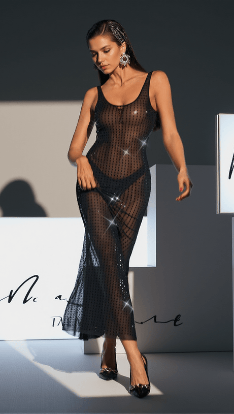 KARTER BACKLESS EMBELLISHED MESH MAXI DRESS IN BLACK