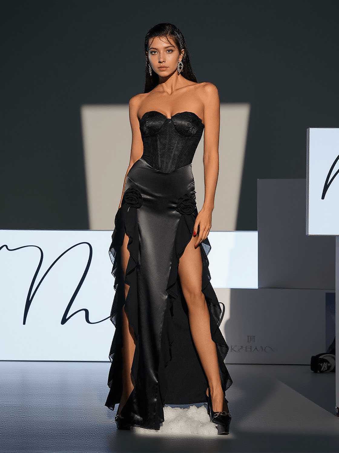 RAOUL STRAPLESS LACE TULLE MAXI DRESS IN BLACK