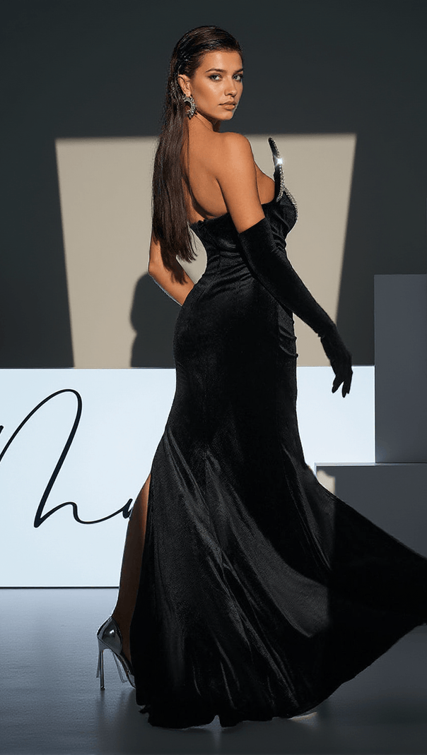 AIIZIE TORIN STRAPLESS WAVE CRYSTAL VELVET MAXI DRESS - product image