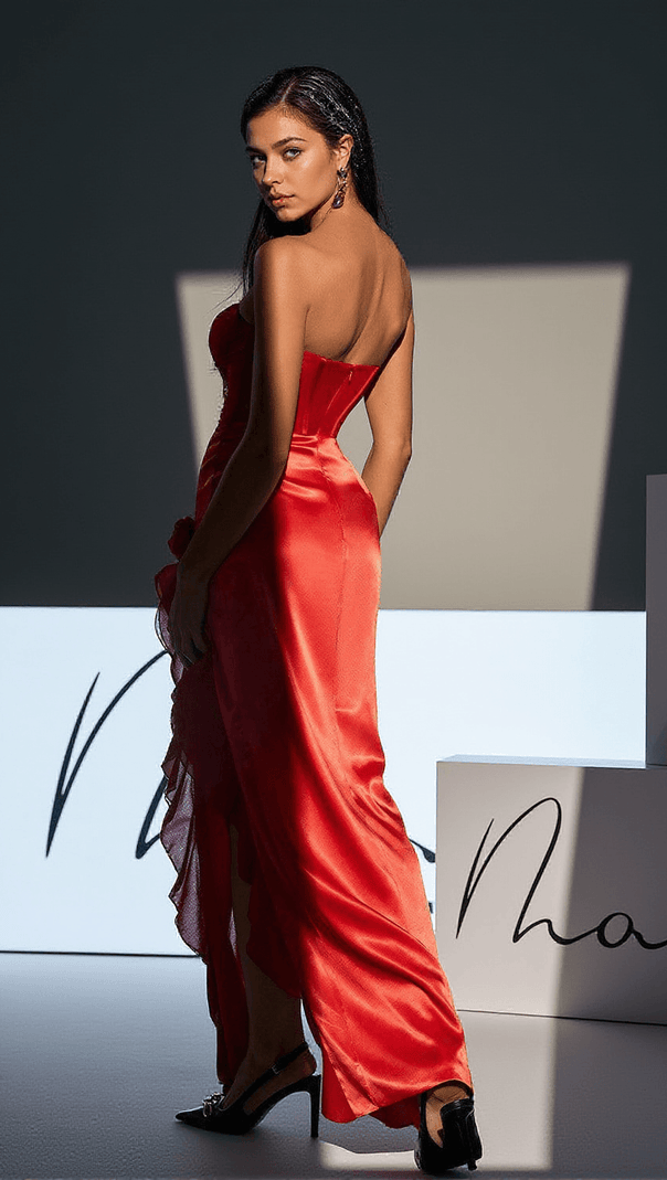 AIIZIE RAOUL STRAPLESS LACE TULLE MAXI DRESS IN RED - product image