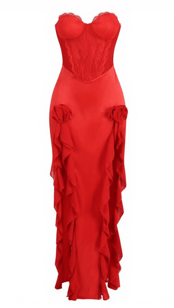 AIIZIE RAOUL STRAPLESS LACE TULLE MAXI DRESS IN RED - product image