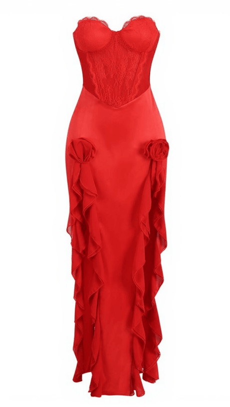 Raoul – Trägerloses Maxikleid aus Spitzentüll in Rot