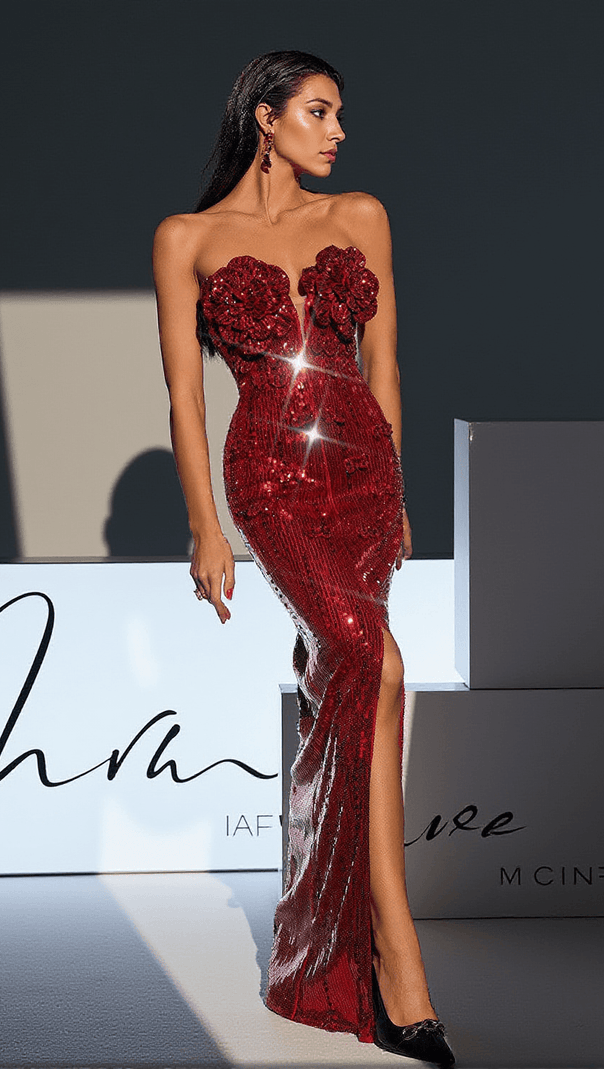 AIIZIE LORELEI STRAPLESS FLOWER SEQUIN SPLIT DRESS IN WINE - product image