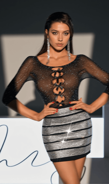 Cormac Bow Hollow Rhinestone Knitted Bodysuit