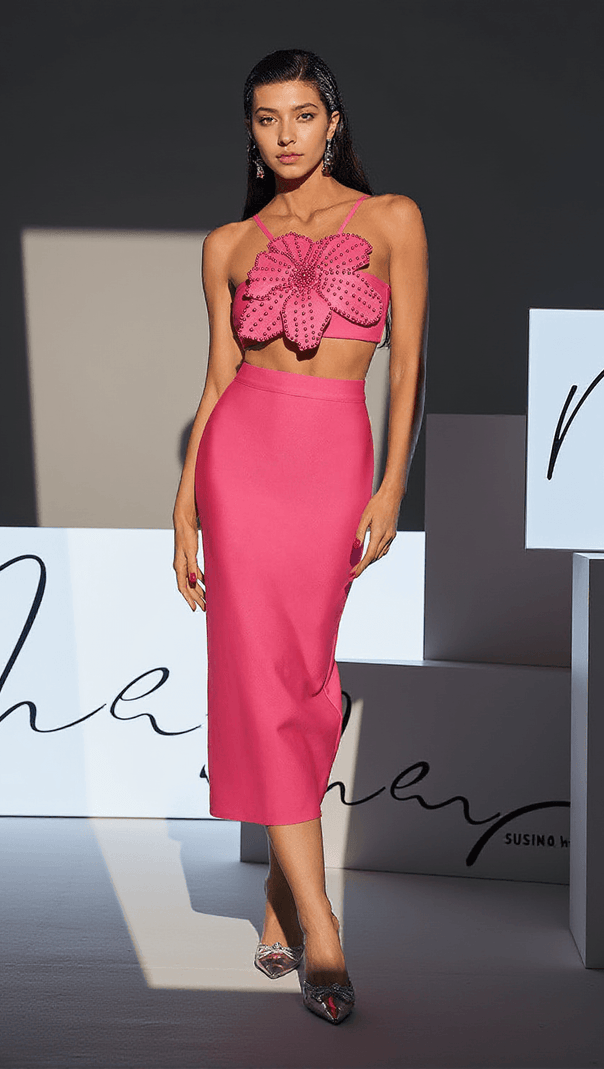 AIIZIE PATSY FLOWER PEARL BANDAGE SKIRT SET IN HOT PINK - product image