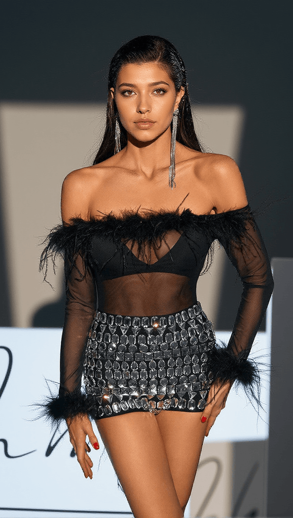 AIIZIE EAMON OFF SHOULDER FEATHER MESH BODYSUIT - product image