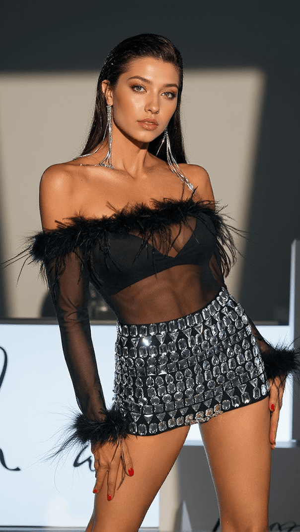 AIIZIE EAMON OFF SHOULDER FEATHER MESH BODYSUIT - product image