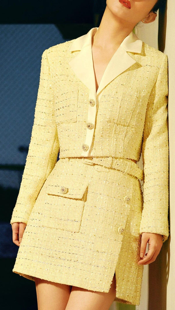 Yellow Color Light Thin Tweed Short Coat & Skirt