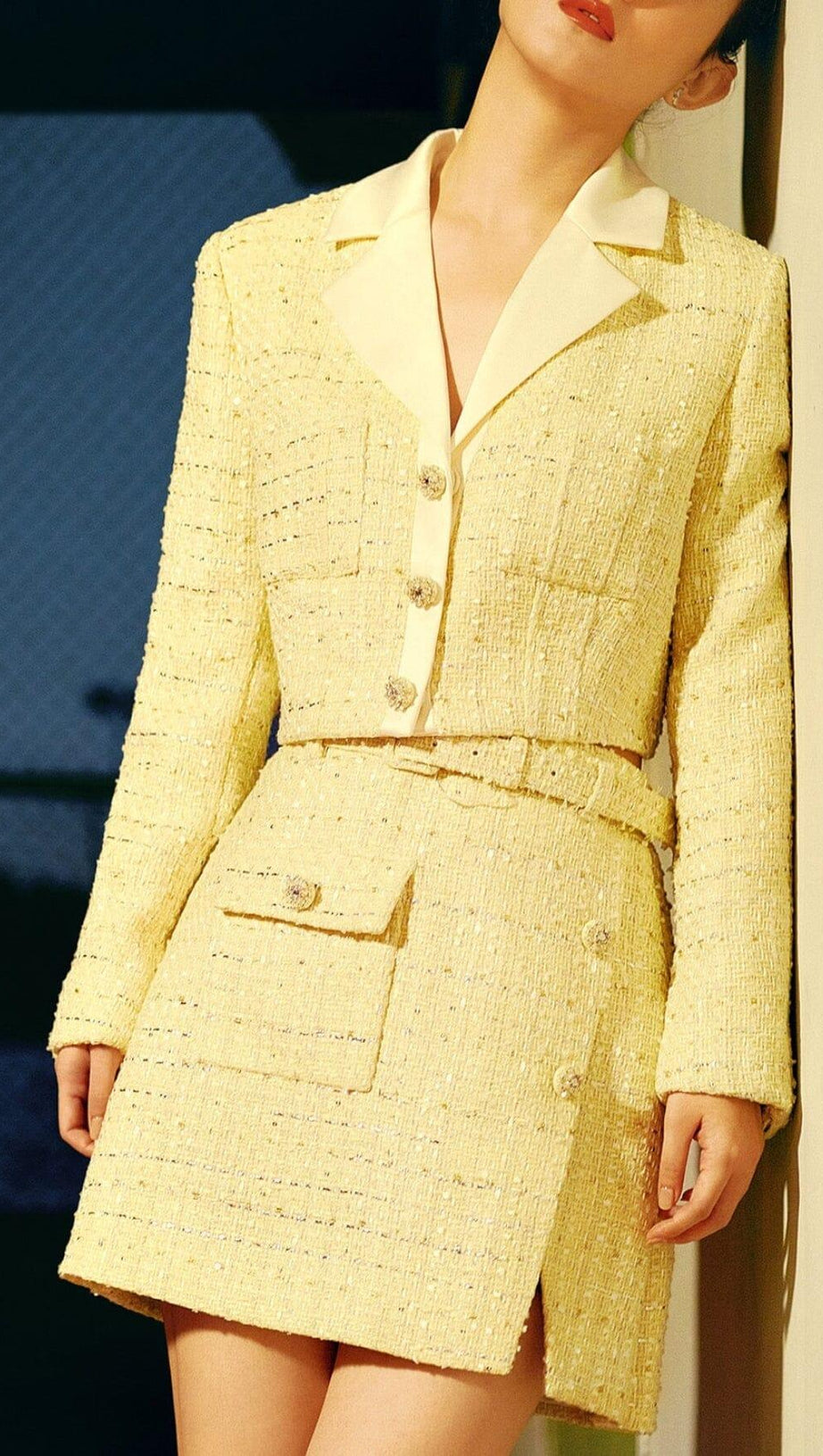 YELLOW COLOR LIGHT THIN TWEED SHORT COAT & SKIRT
