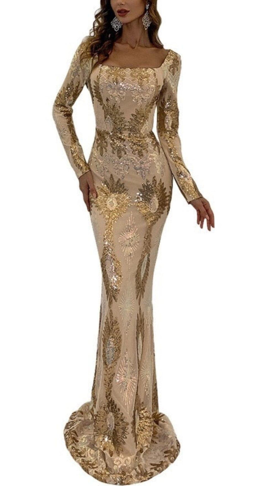 LONG SLEEVES WITH PRINT MAXI DRESS IN GOLD