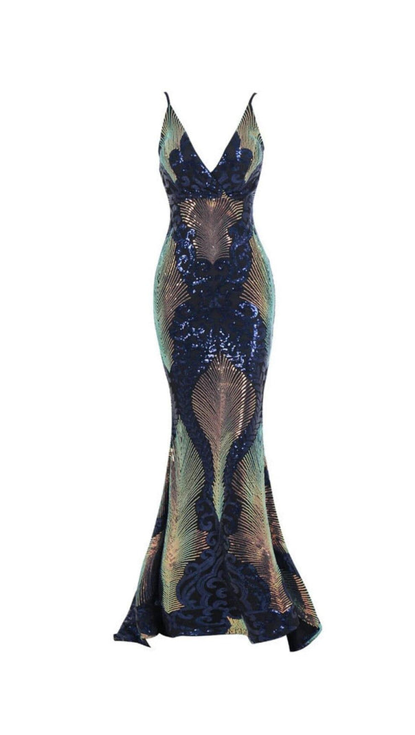 AIIZIE V-NECK SEQUINED BACKLESS DRESS IN DARK BLUE - product image