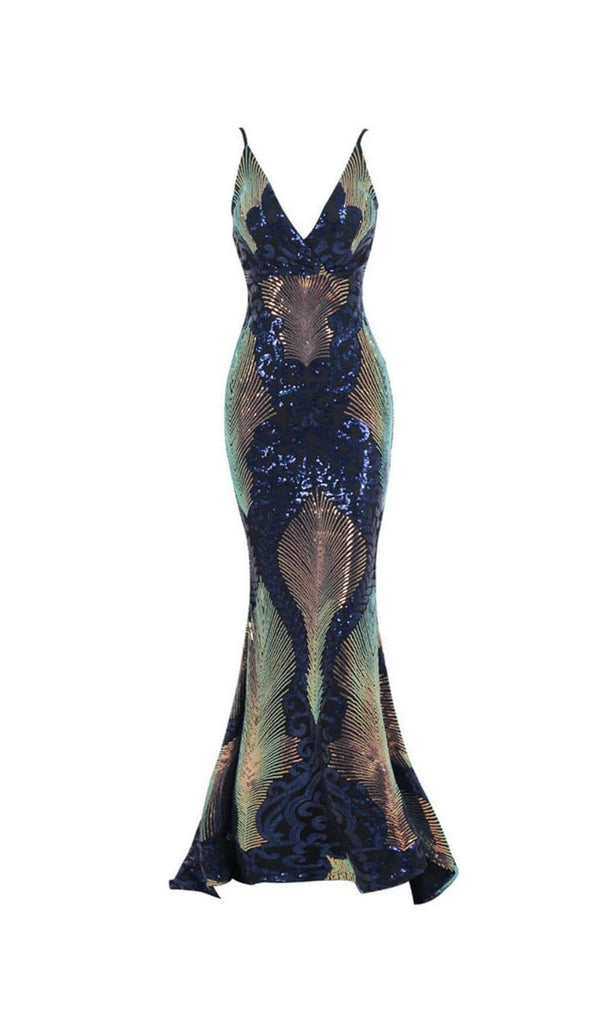 V-NECK SEQUINED BACKLESS DRESS IN DARK BLUE